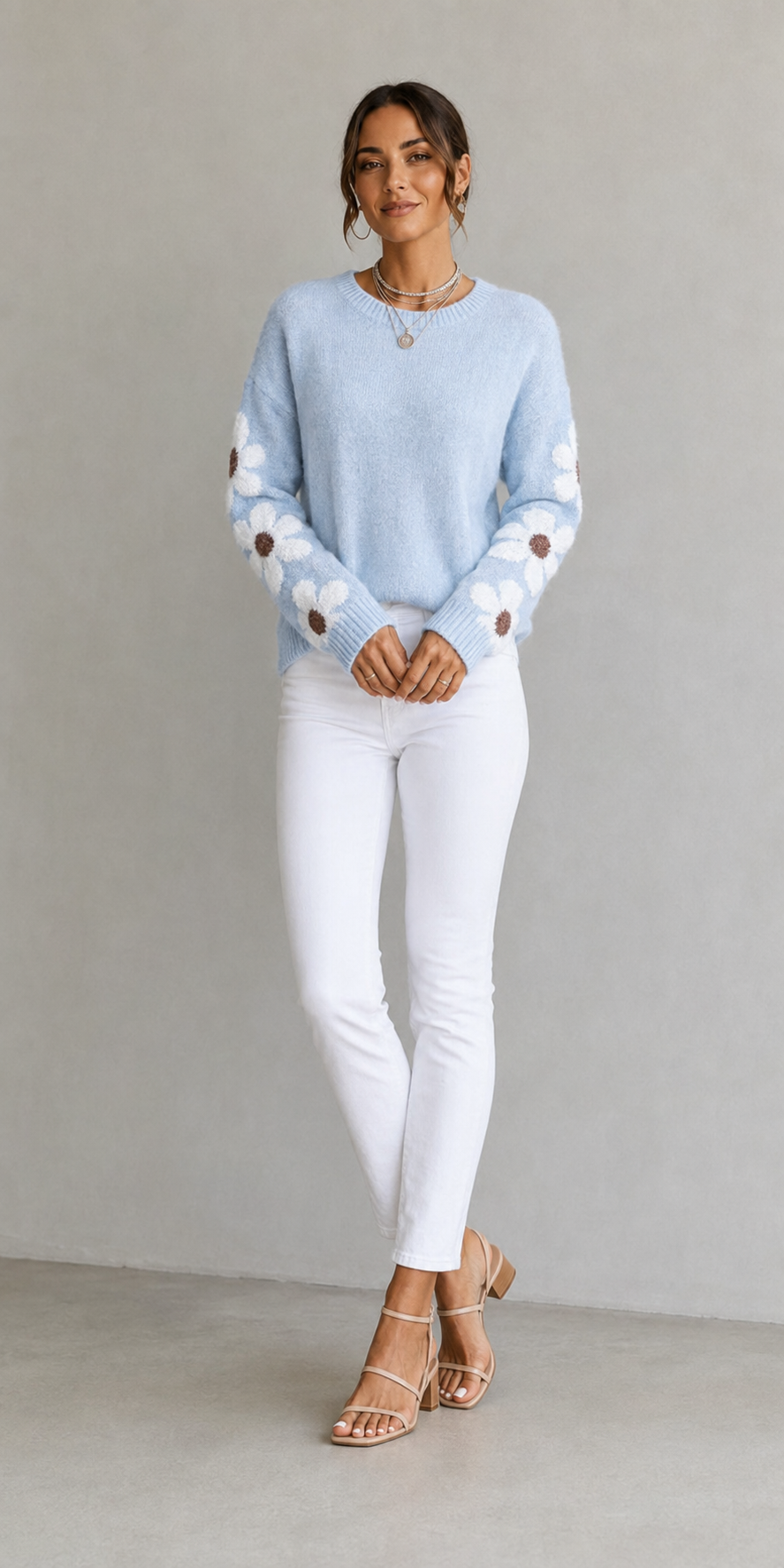 Pull élégant en maille jacquard à fleurs