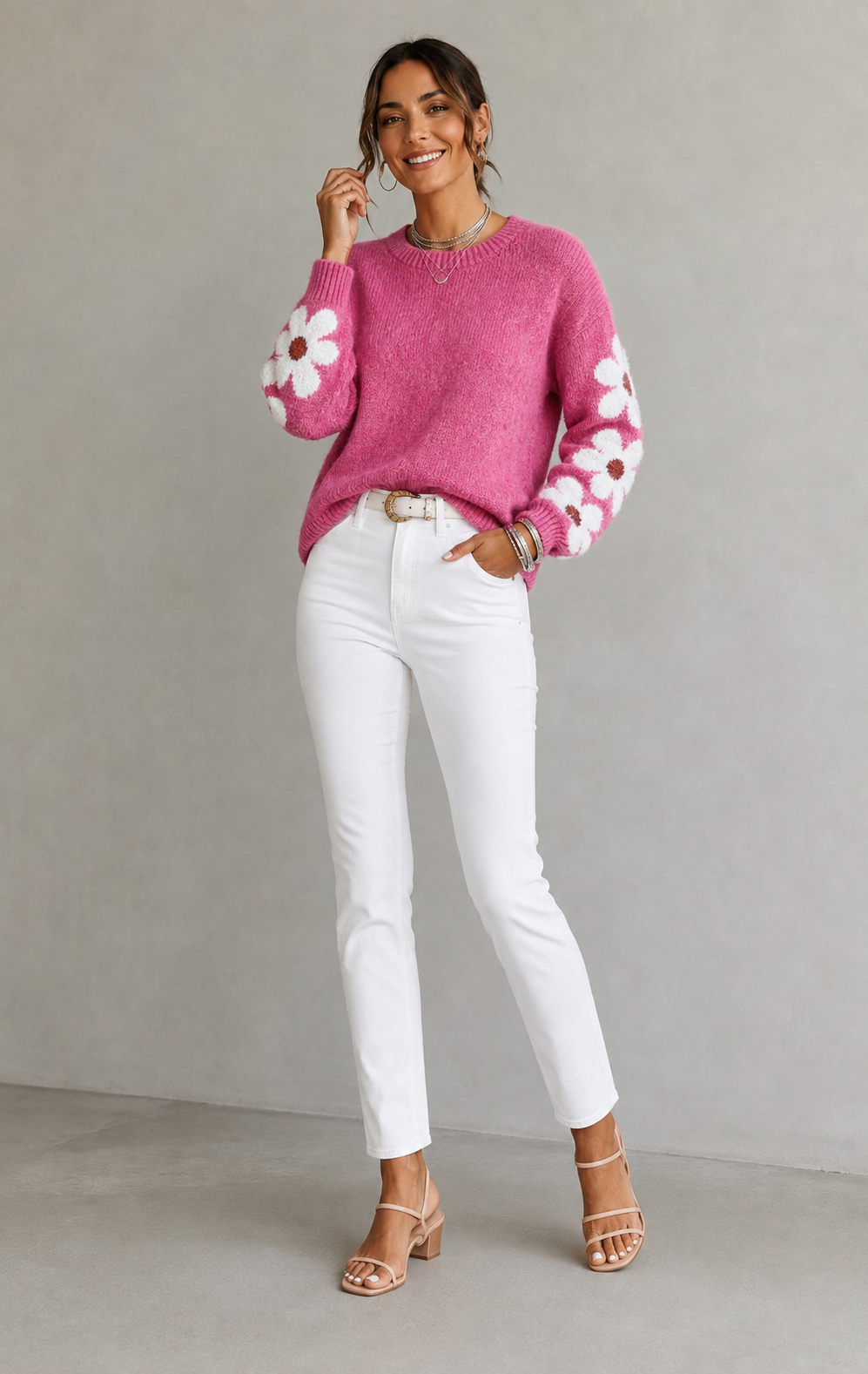 Pull élégant en maille jacquard à fleurs