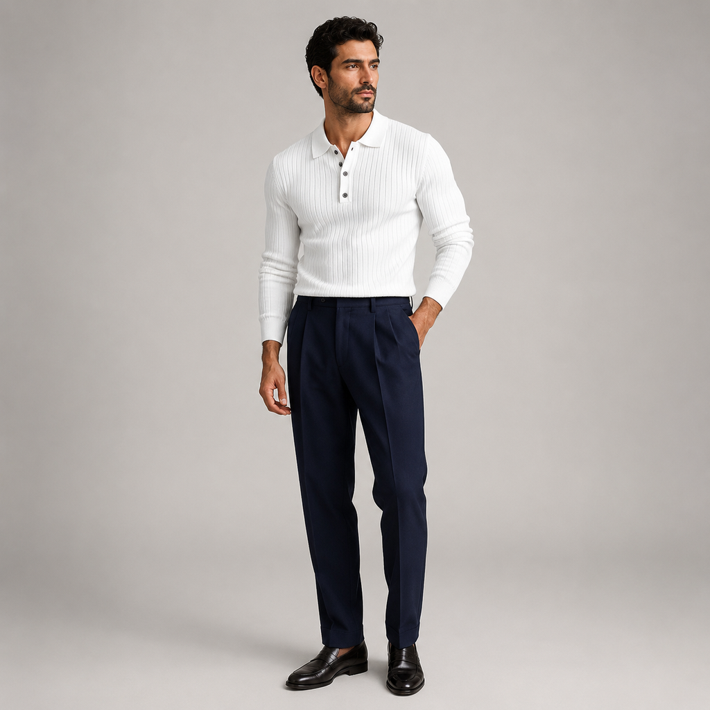 Polo homme élégant en maille côtelée à manches longues
