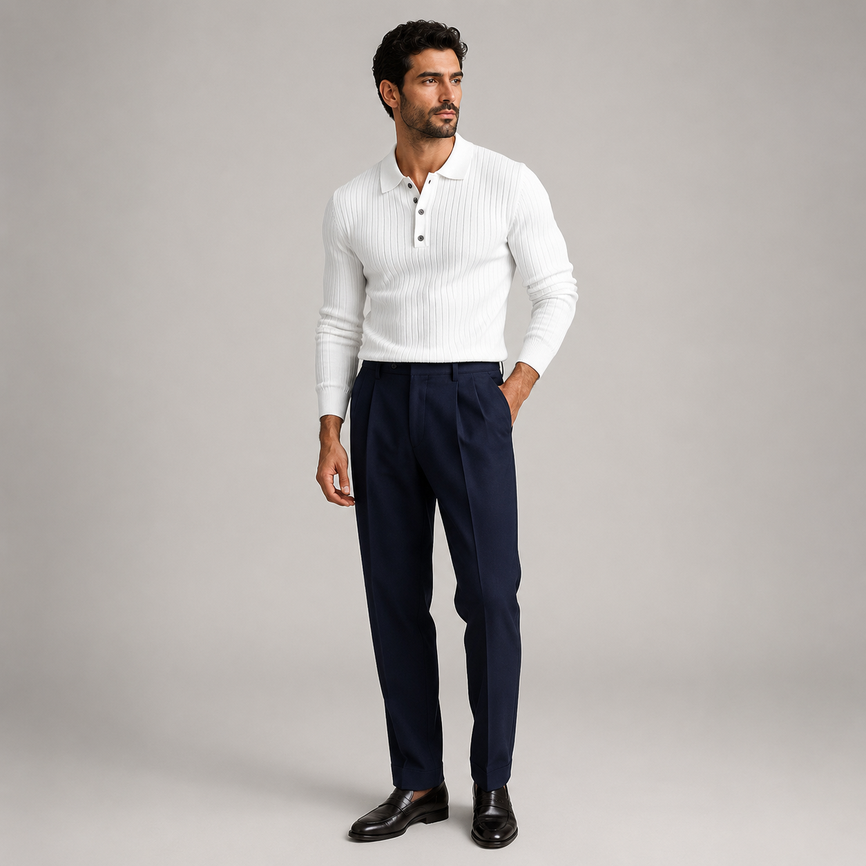 Polo homme élégant en maille côtelée à manches longues