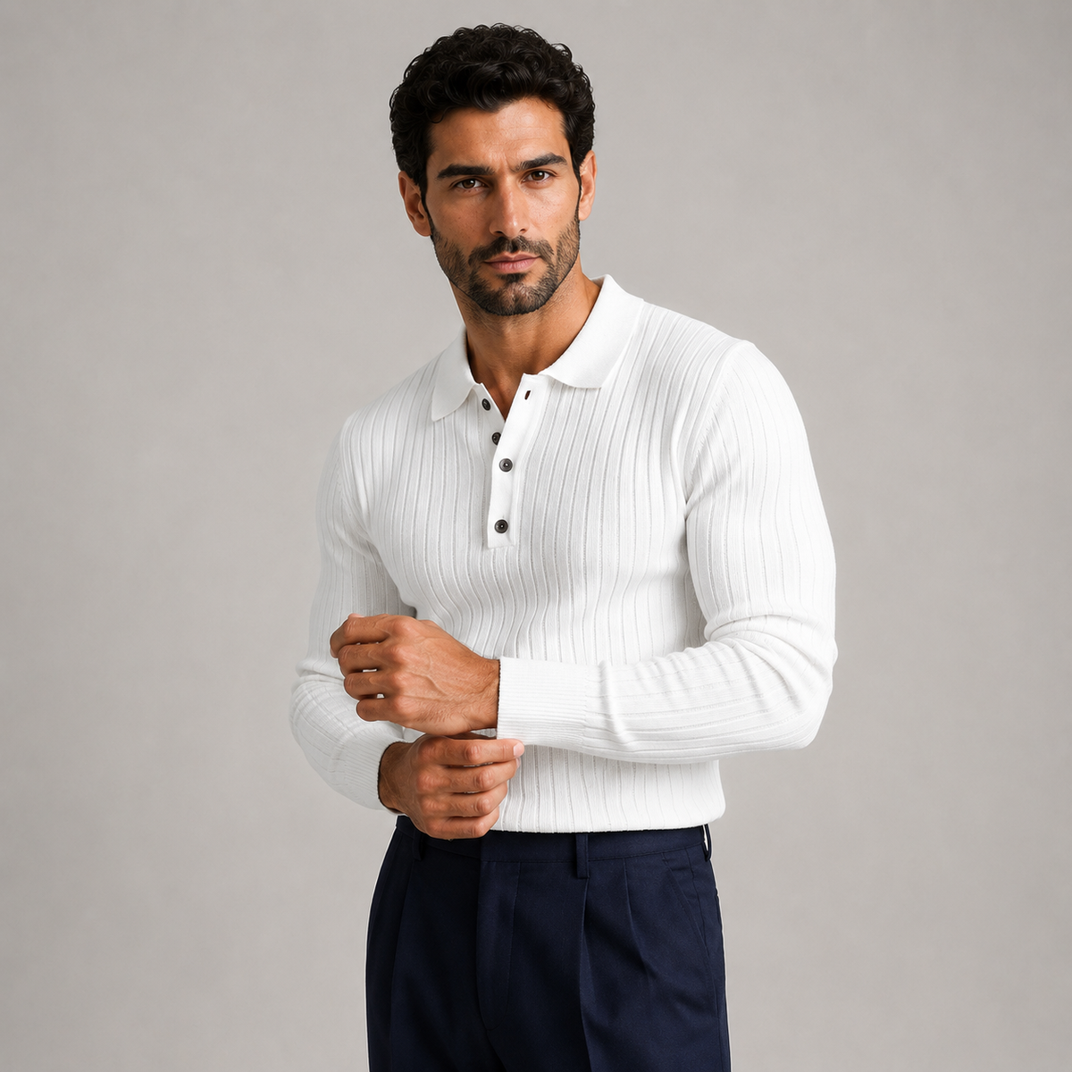 Polo homme élégant en maille côtelée à manches longues