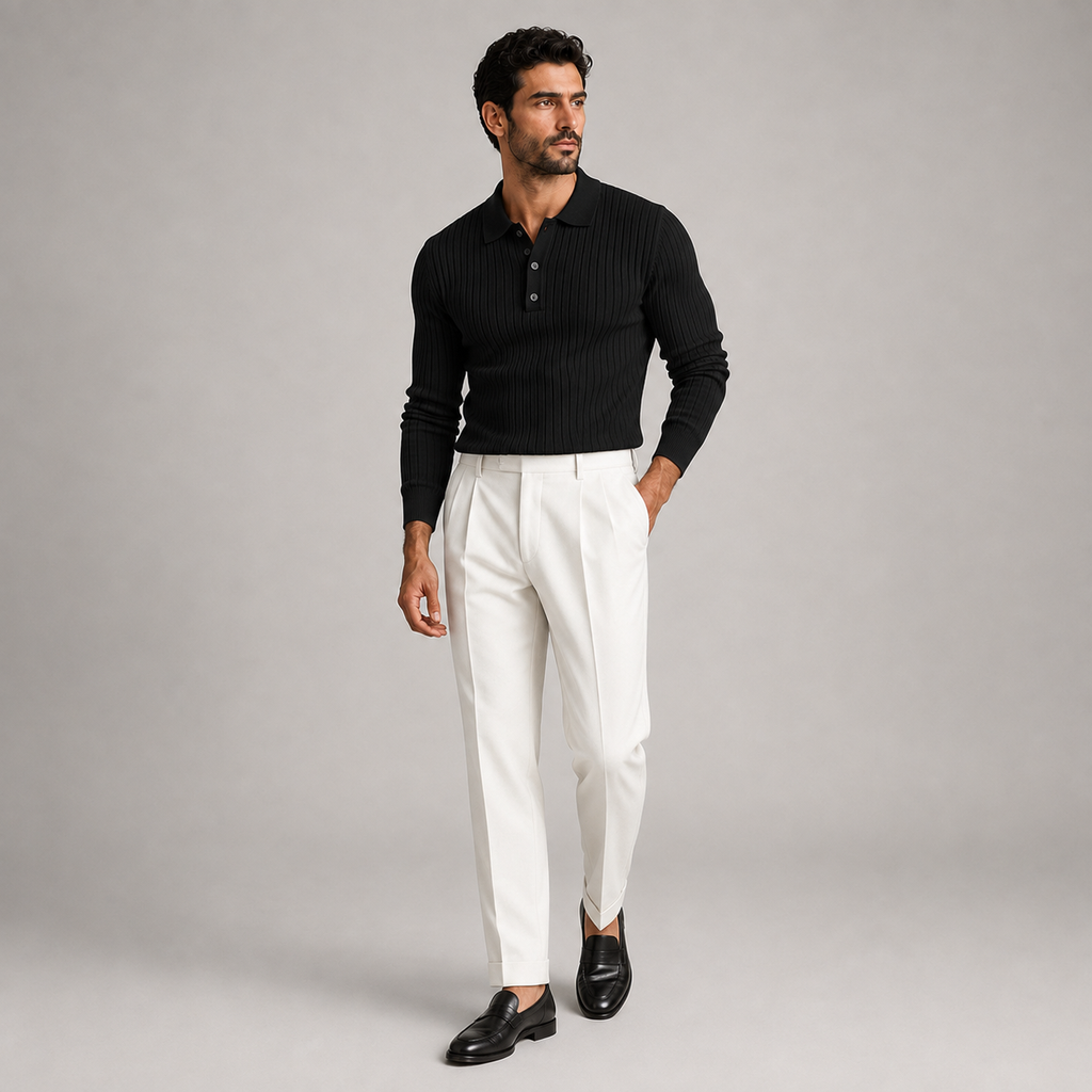 Polo homme élégant en maille côtelée à manches longues