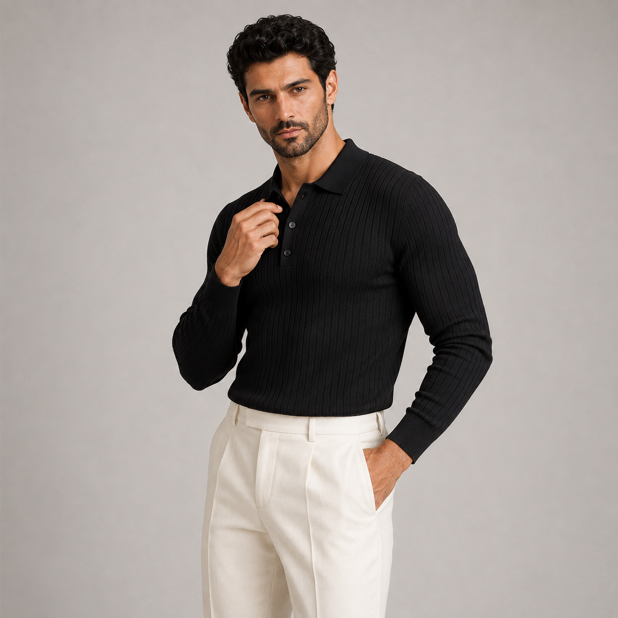 Polo homme élégant en maille côtelée à manches longues