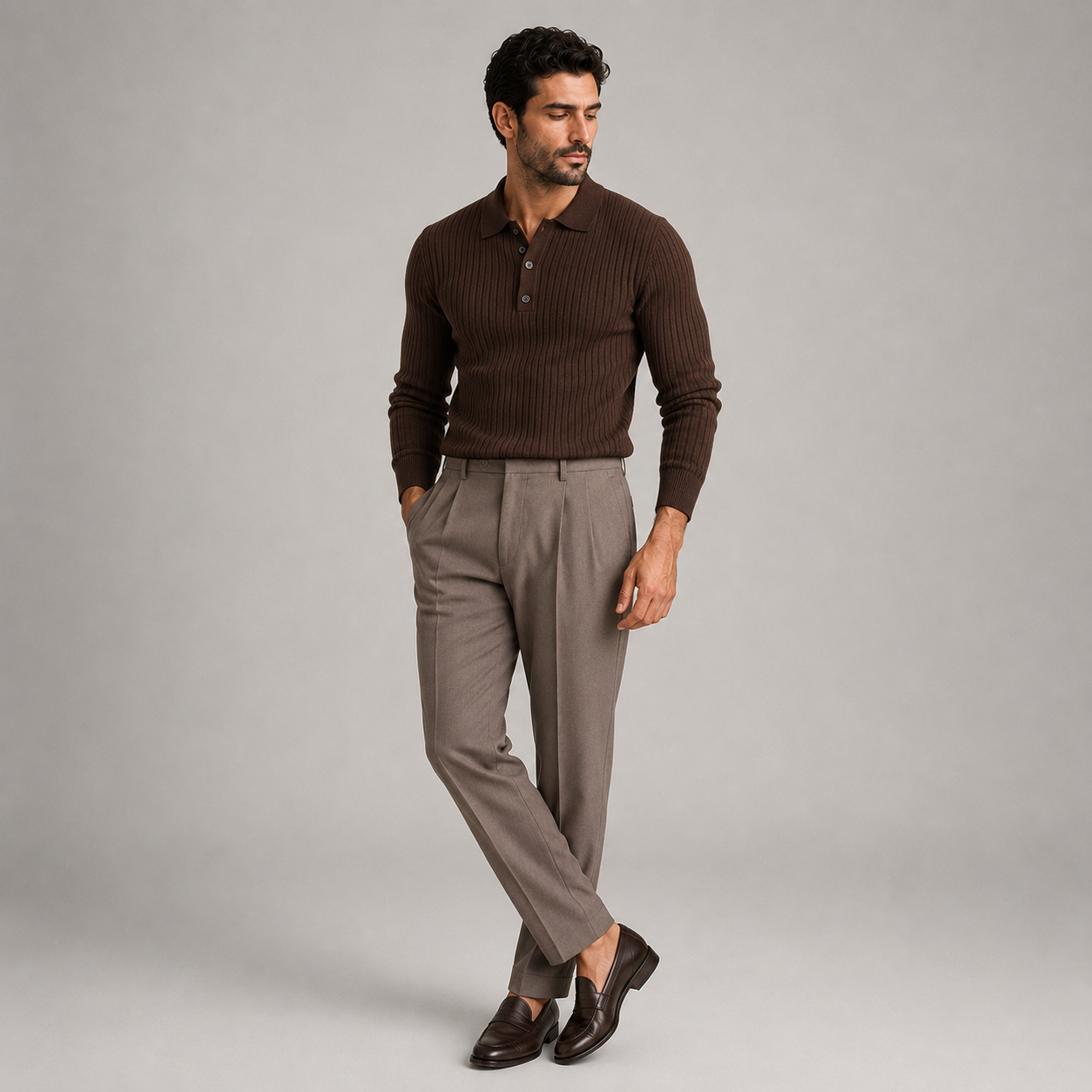 Polo homme élégant en maille côtelée à manches longues