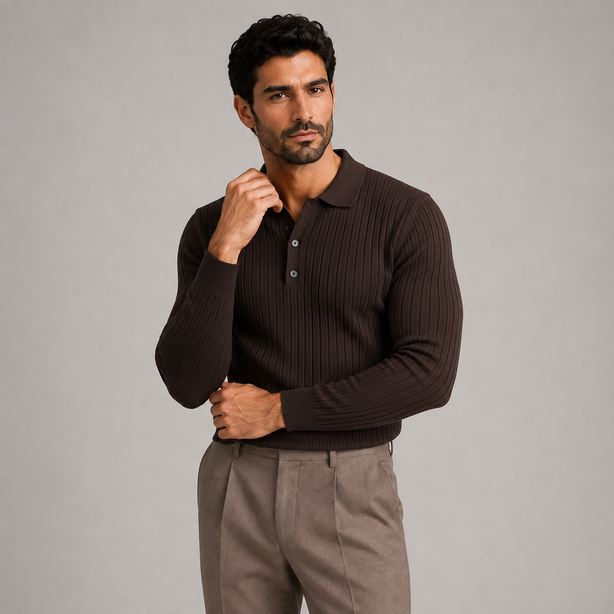 Polo homme élégant en maille côtelée à manches longues