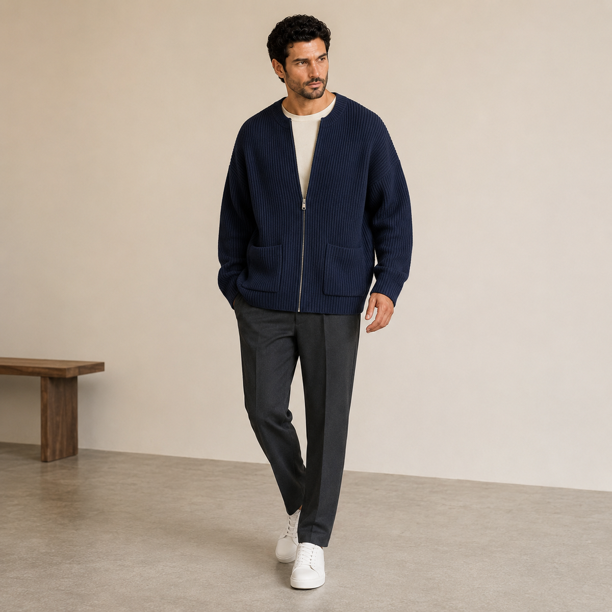Cardigan zippé en maille côtelé