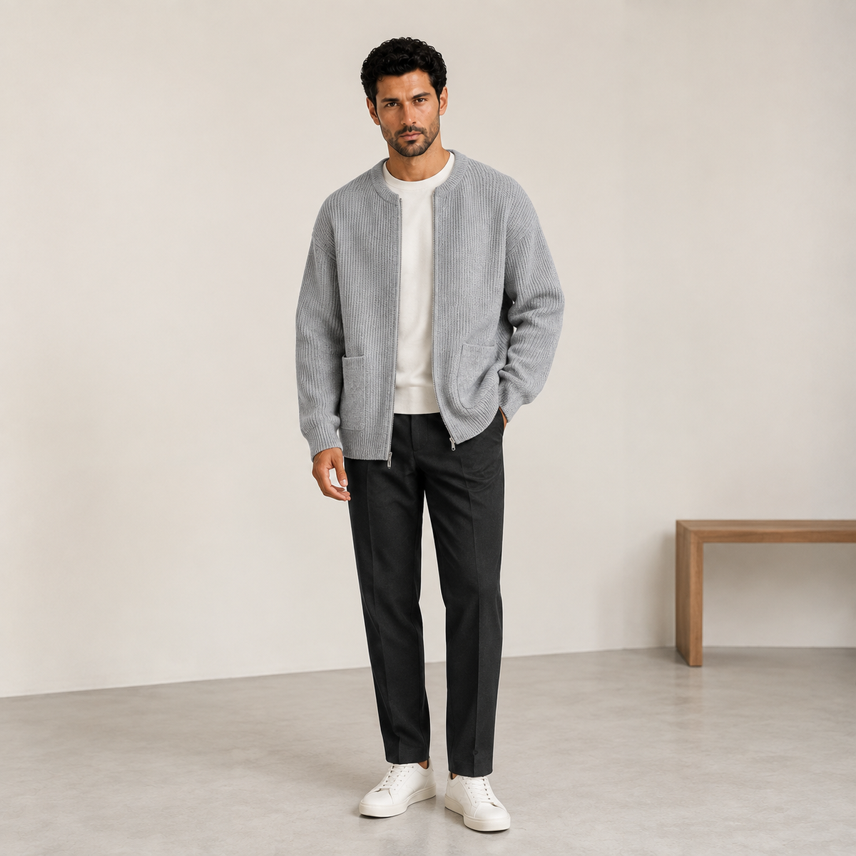 Cardigan zippé en maille côtelé