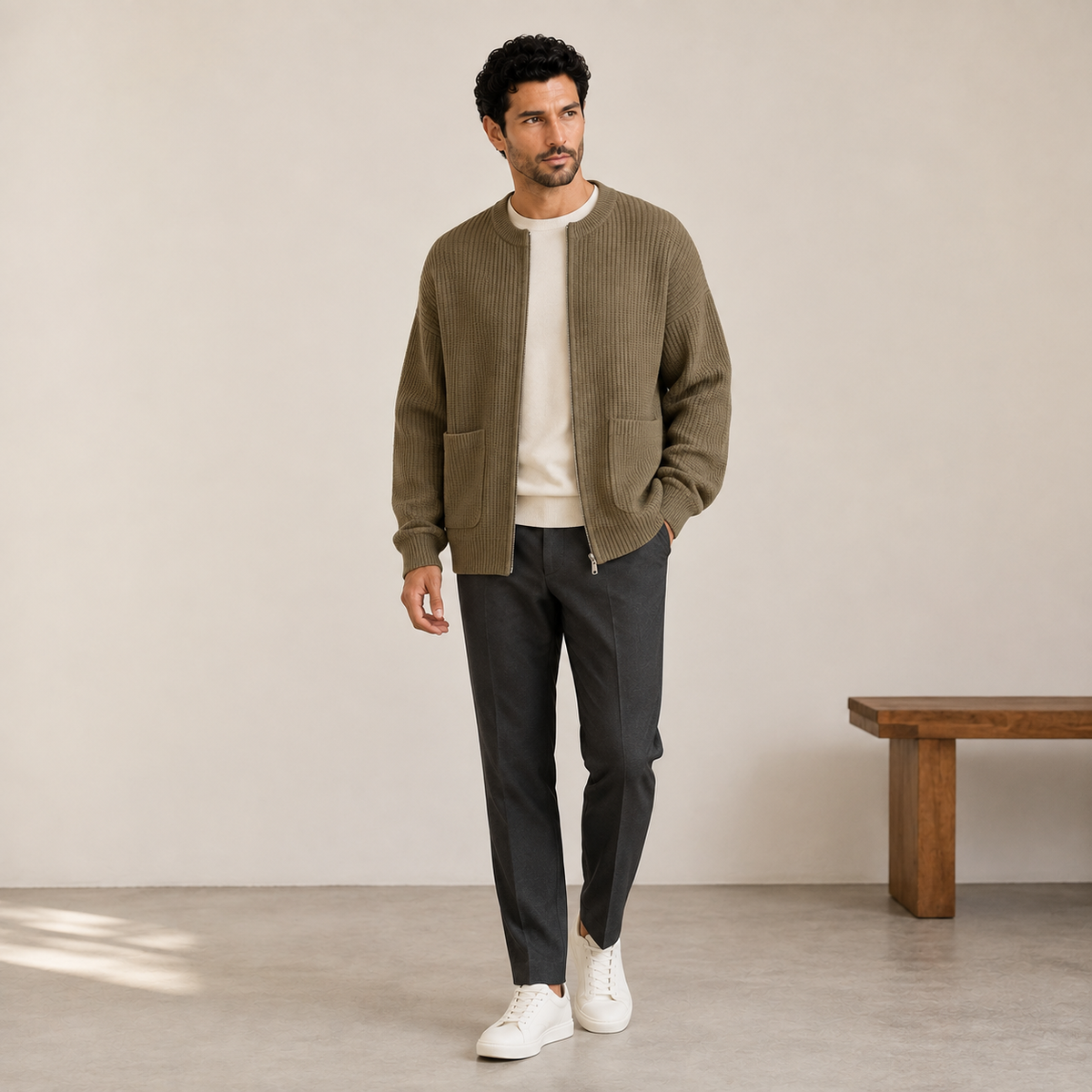 Cardigan zippé en maille côtelé