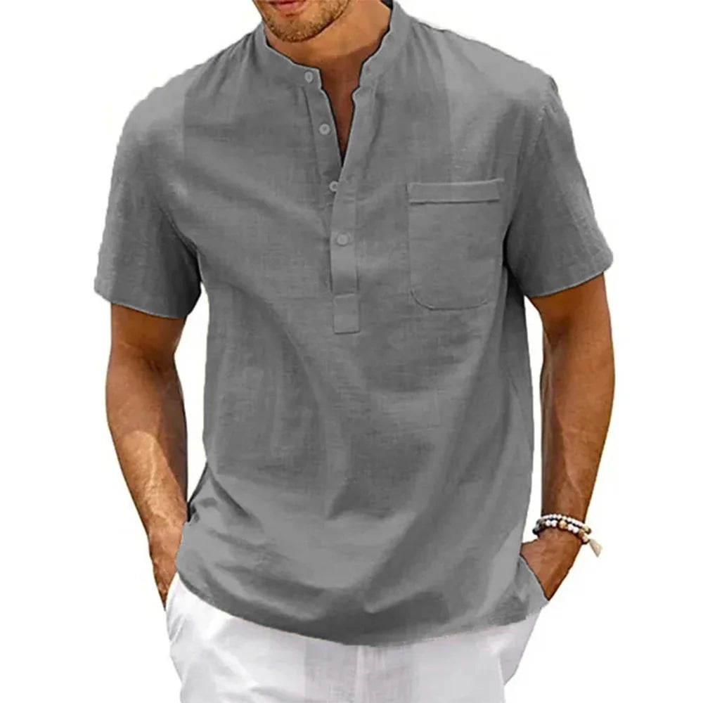 Chemise Henley homme en lin et coton à poche