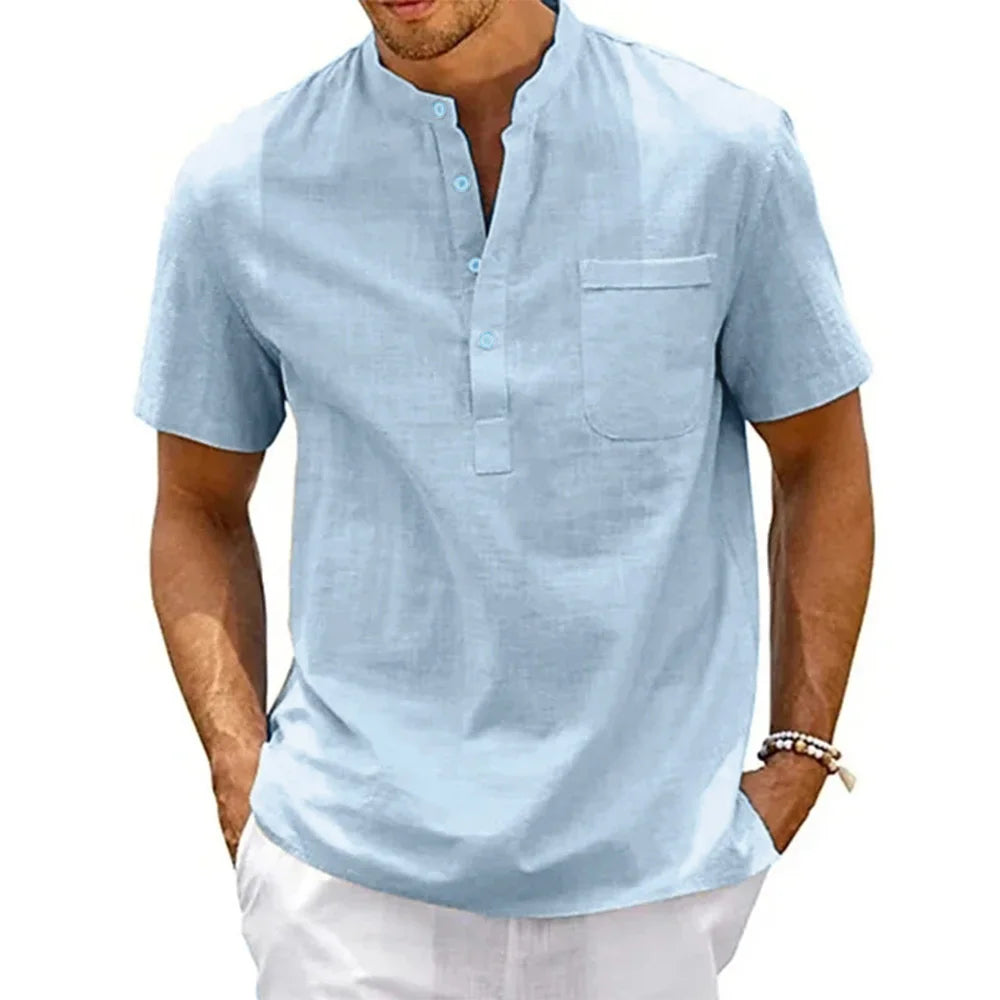 Chemise Henley homme en lin et coton à poche