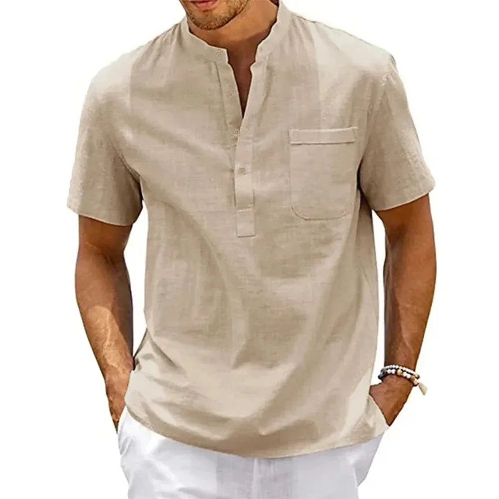 Chemise Henley homme en lin et coton à poche