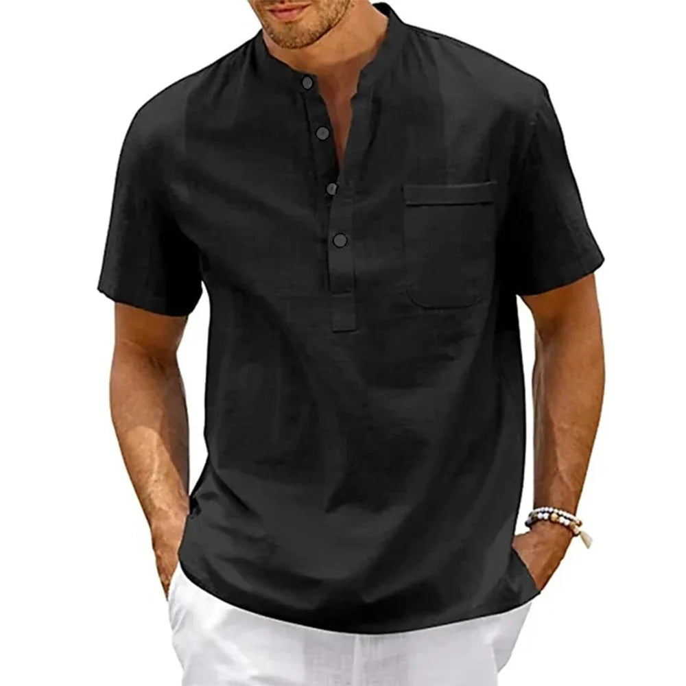Chemise Henley homme en lin et coton à poche