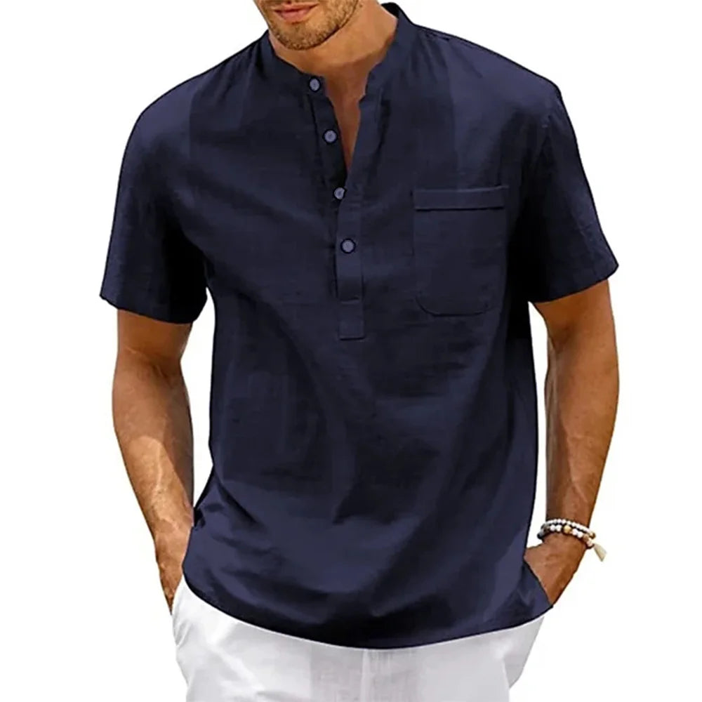 Chemise Henley homme en lin et coton à poche