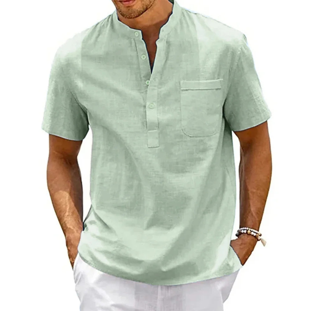 Chemise Henley homme en lin et coton à poche