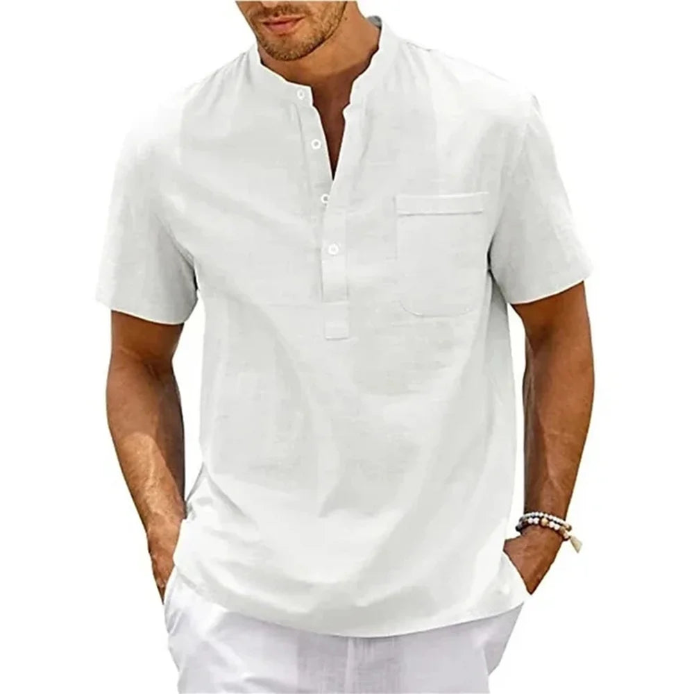 Chemise Henley homme en lin et coton à poche